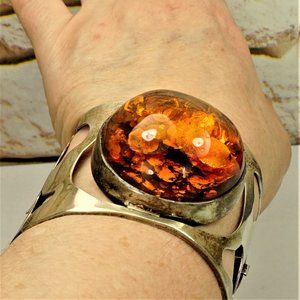 MASSIVE BALTIC AMBER STERLING WIDE BRACELET 7.5 RARE